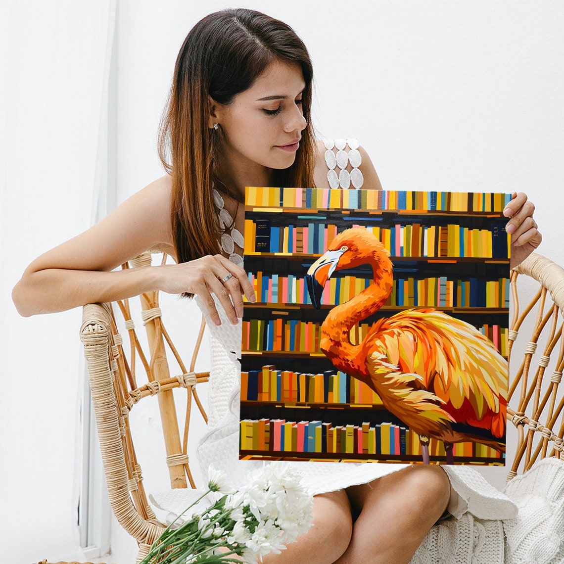 Flamingo In Library Colorful Bookshelf Background Whimsical Poster - Image 3
