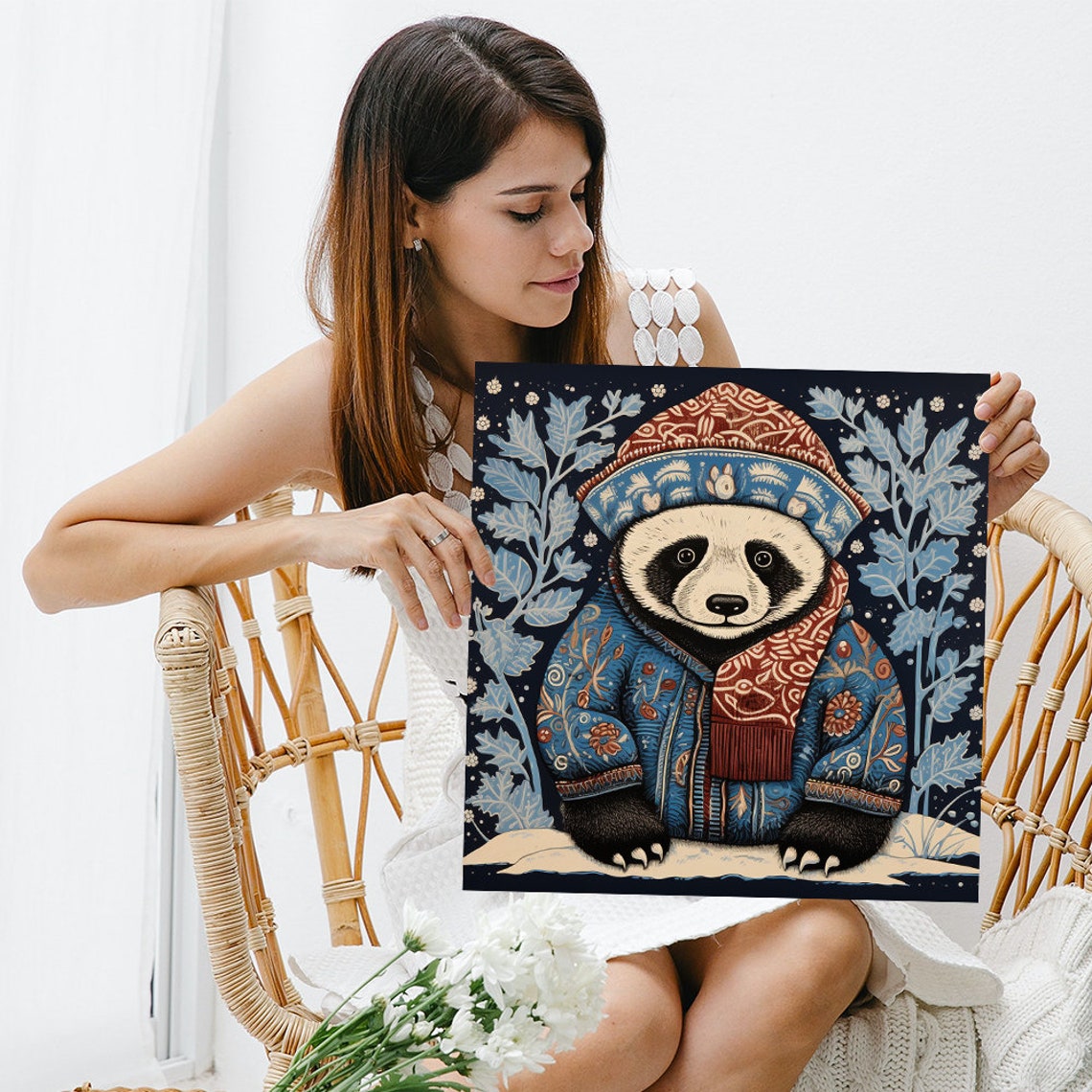 Cozy Winter Panda Folk Costume Snowy Blue Christmas Art Poster - Image 3