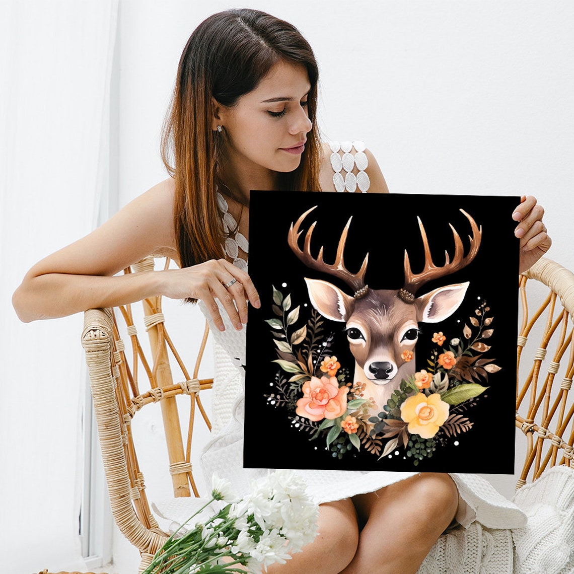 Enchanted Forest Deer With Floral Wreath Watercolor Black Poster - Image 3