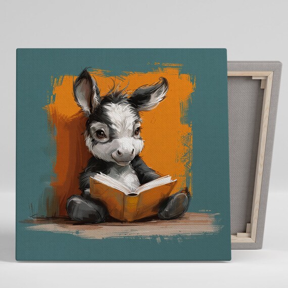 Baby Donkey Reading Book Poster Cute Nursery Teal Orange Animal Decor