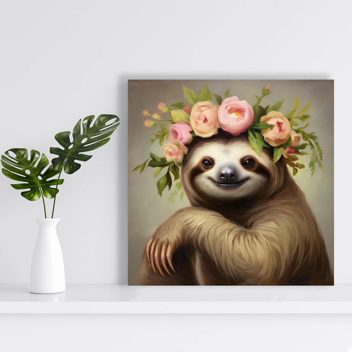 Smiling Sloth Pink Flower Crown Sweet Nursery Animal Wall Art - Image 2