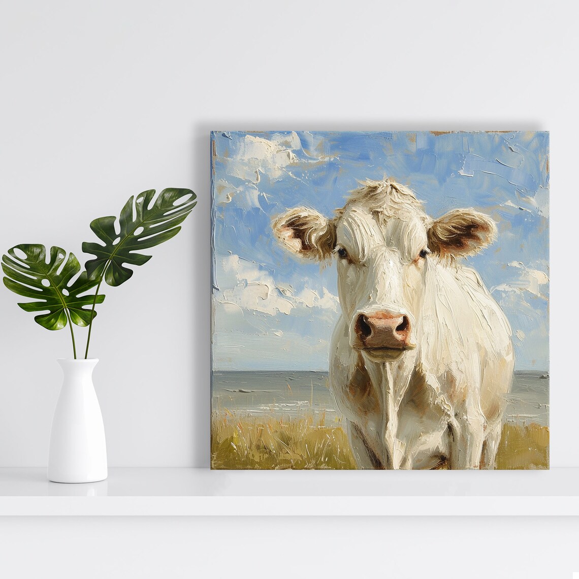 White Cow Portrait Oil Painting Blue Sky Pastoral Farmhouse Wall Art - Image 2