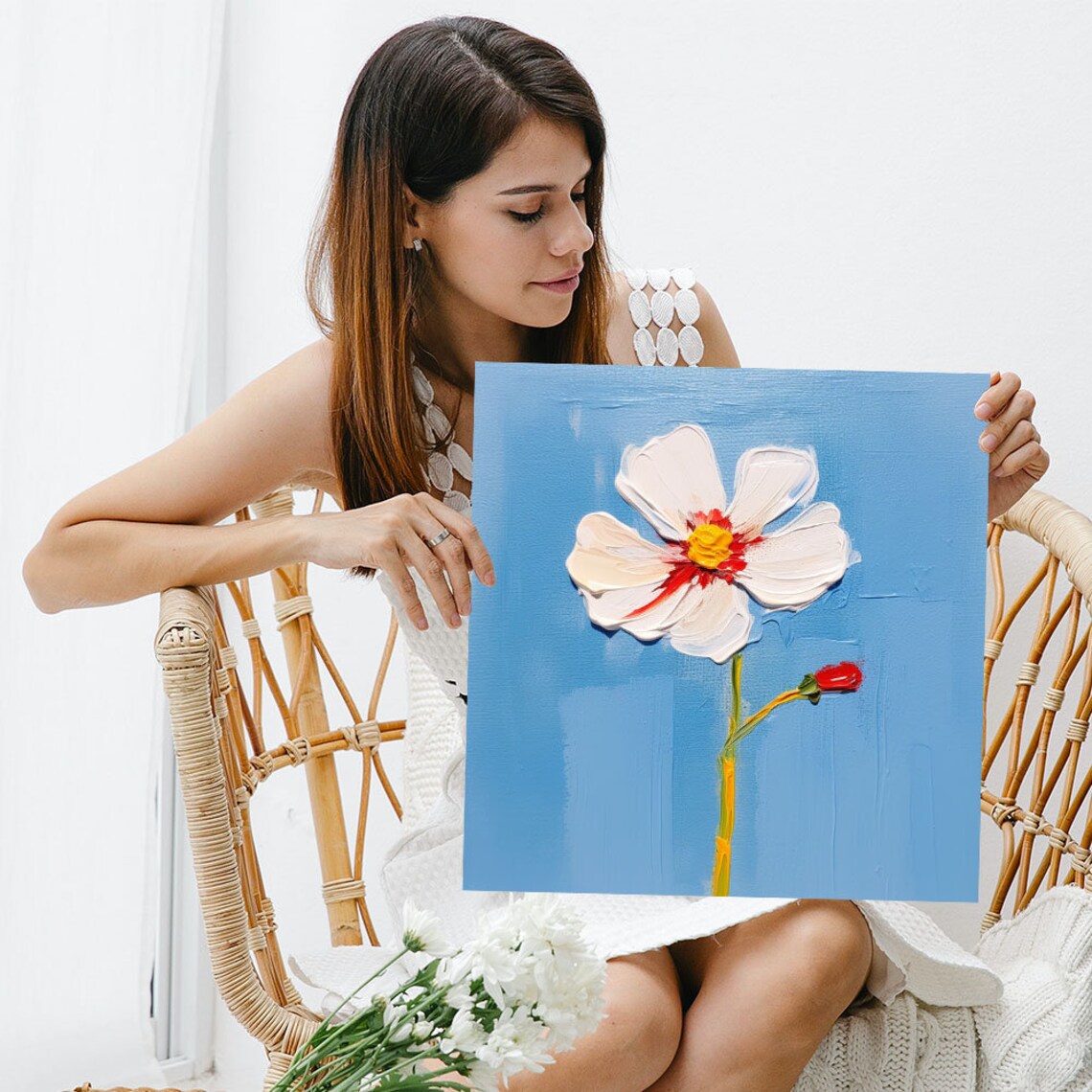White On Blue Floral Art Print, Orange Blooms - Image 5