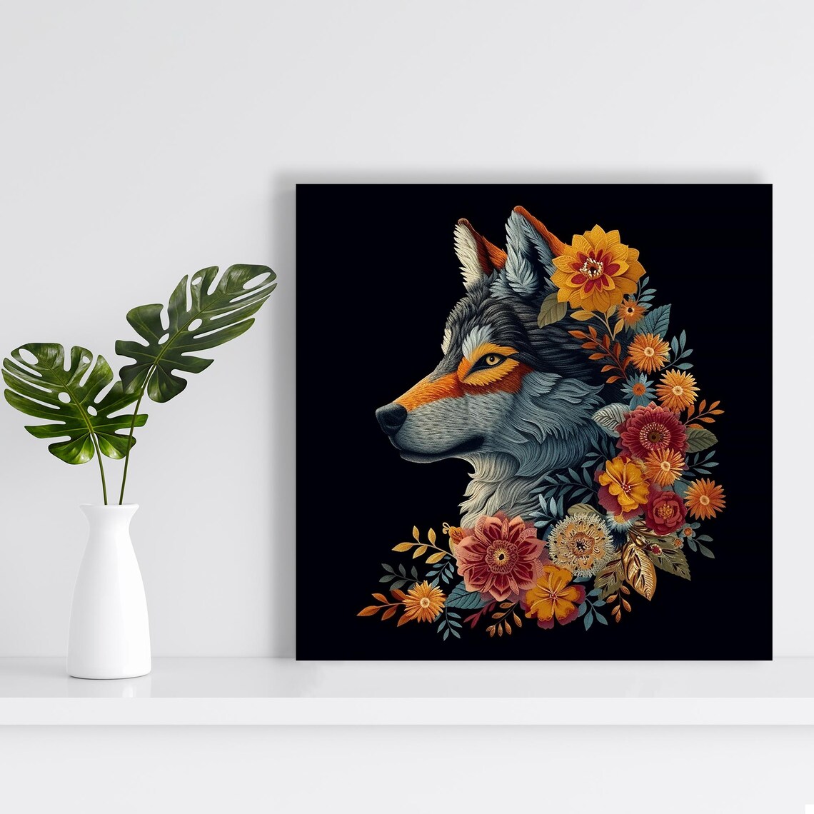 Floral Wolf Profile Autumn Flowers Black Background Botanical Art Poster - Image 2