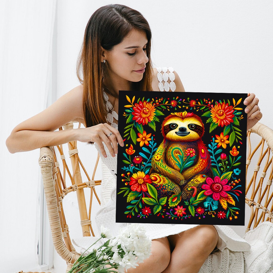 Fiesta Sloth Surrounded By Colorful Mexican Folk Flowers Animal Poster - Image 3