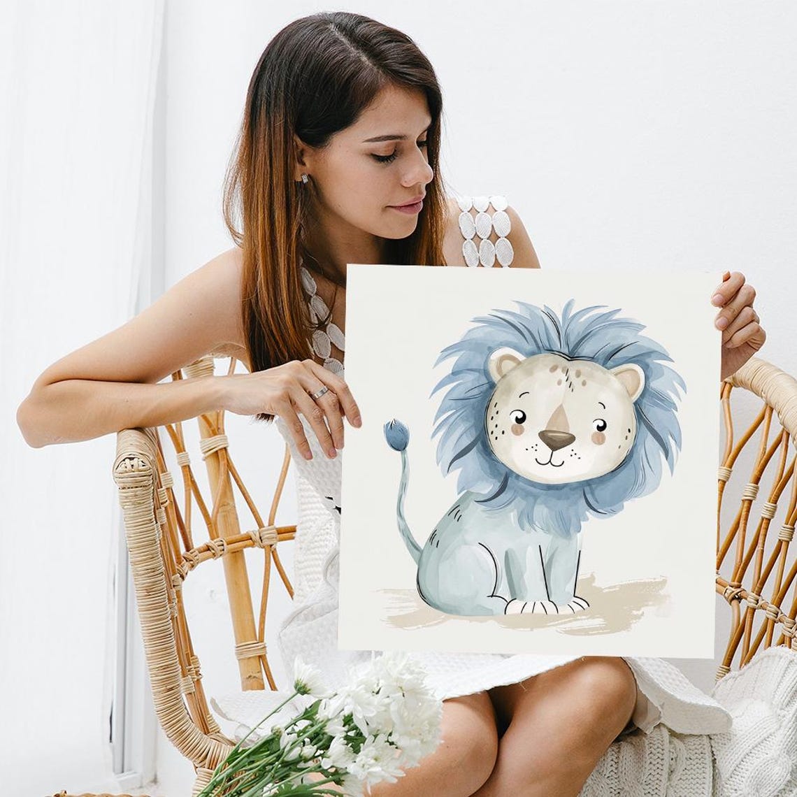 Cute Blue Mane Baby Lion Watercolor Adorable Nursery Wall Art Poster - Image 3