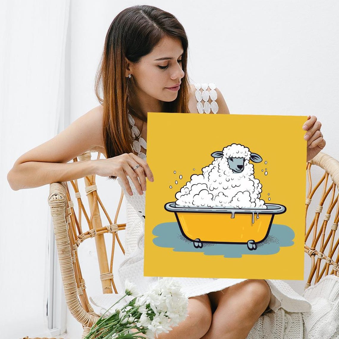 Sheep In Bubble Bath Cartoon Yellow Bathroom Whimsical Wall Poster - Image 3