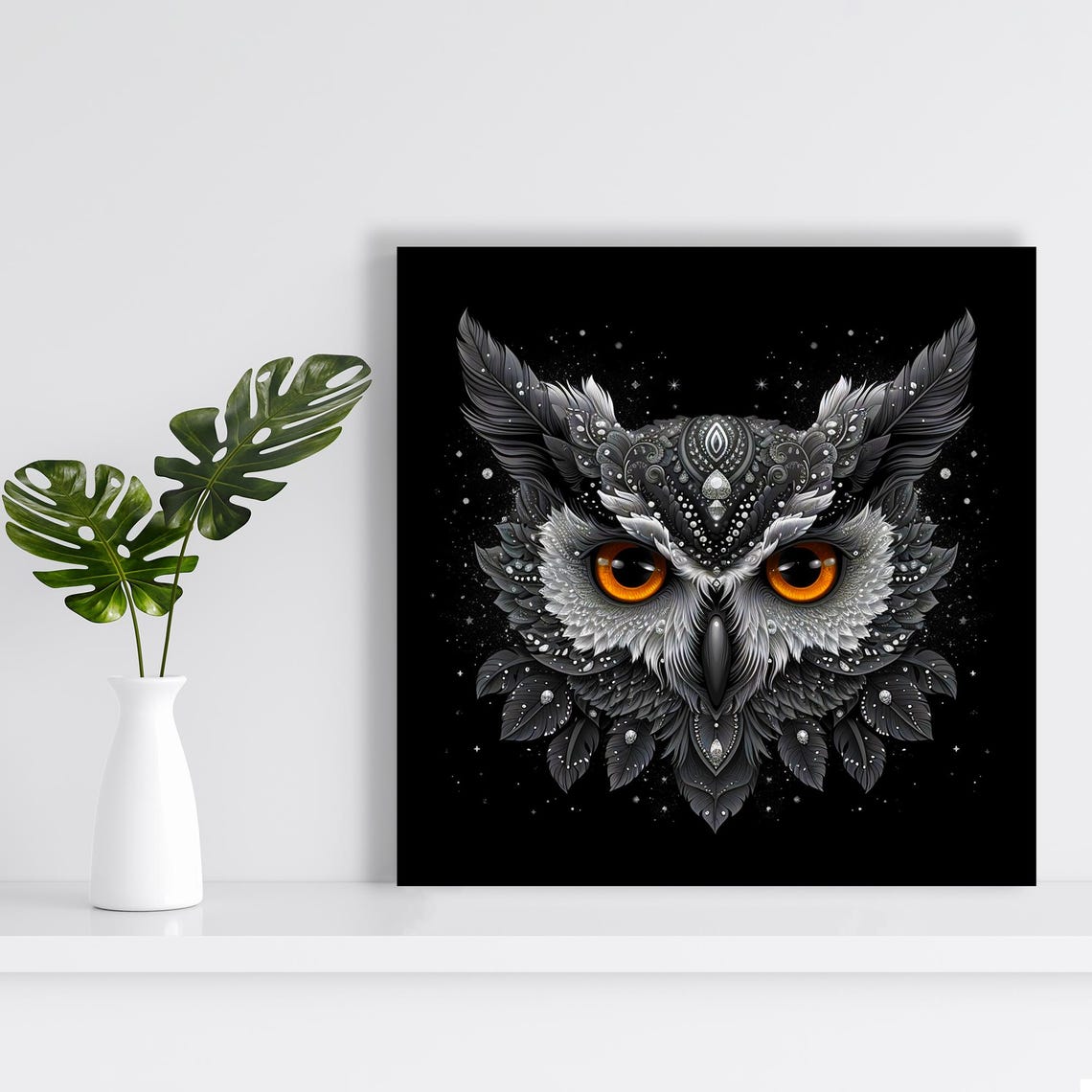 Mystical Black Owl Face With Glowing Orange Eyes Gothic Art Poster - Image 2