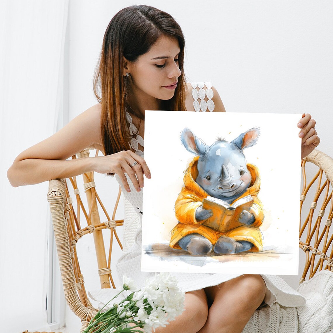 Rhino Bookworm Whimsical Scandinavian Art Print - Image 3