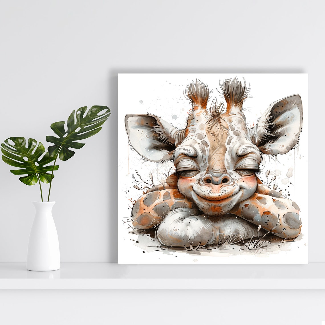 Sleepy Smiling Baby Giraffe Watercolor Cute Nursery Animal Poster - Image 2