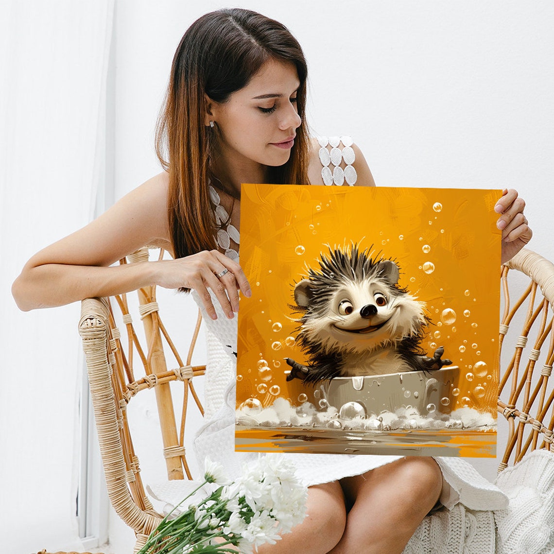 Smiling Hedgehog Bubble Bath Fun Orange Kids Bathroom Art Poster - Image 3