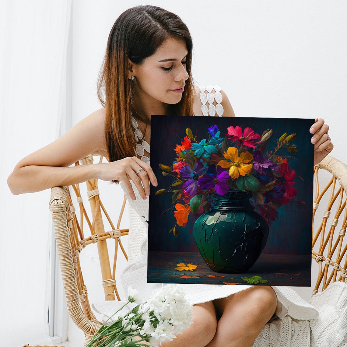 Pink Purple Cosmos Bouquet Dark Green Crackle Vase Moody Floral Poster - Image 3