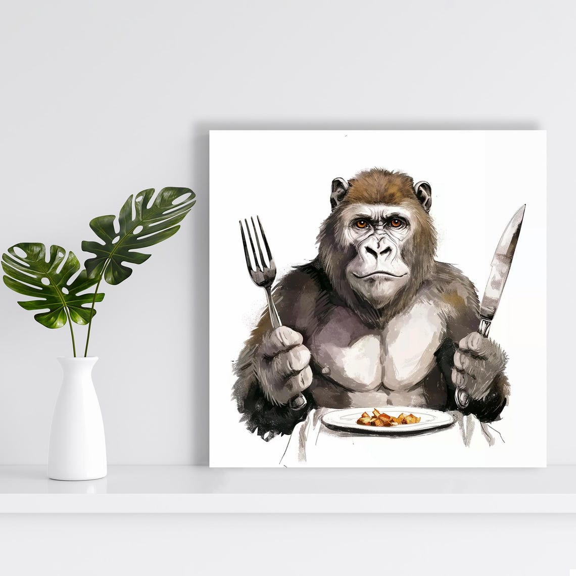 Hungry Gorilla With Fork And Knife Funny Dinner Table Animal Poster - Image 2