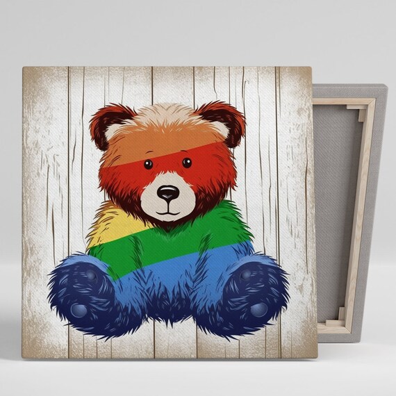 Rainbow Teddy Bear Colorful Cute Kids Room Nursery Playful Animal Poster