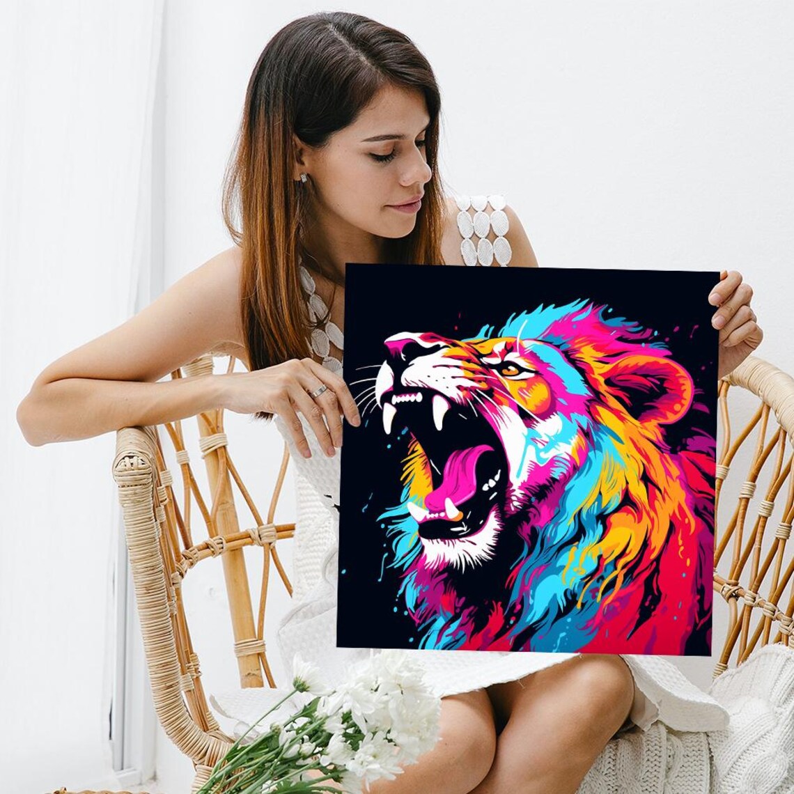 Roaring Lion Neon Pop Style Vivid Pink Blue Mane Wild Animal Poster - Image 3