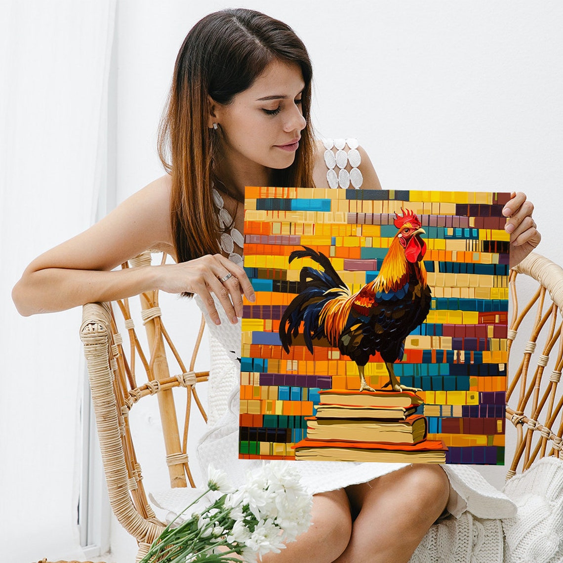 Proud Rooster Standing On Books Colorful Mosaic Background Poster - Image 3