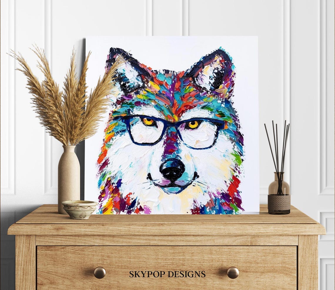 Hipster Wolf With Glasses Colorful Impasto Brushstroke Wall Poster - Image 2