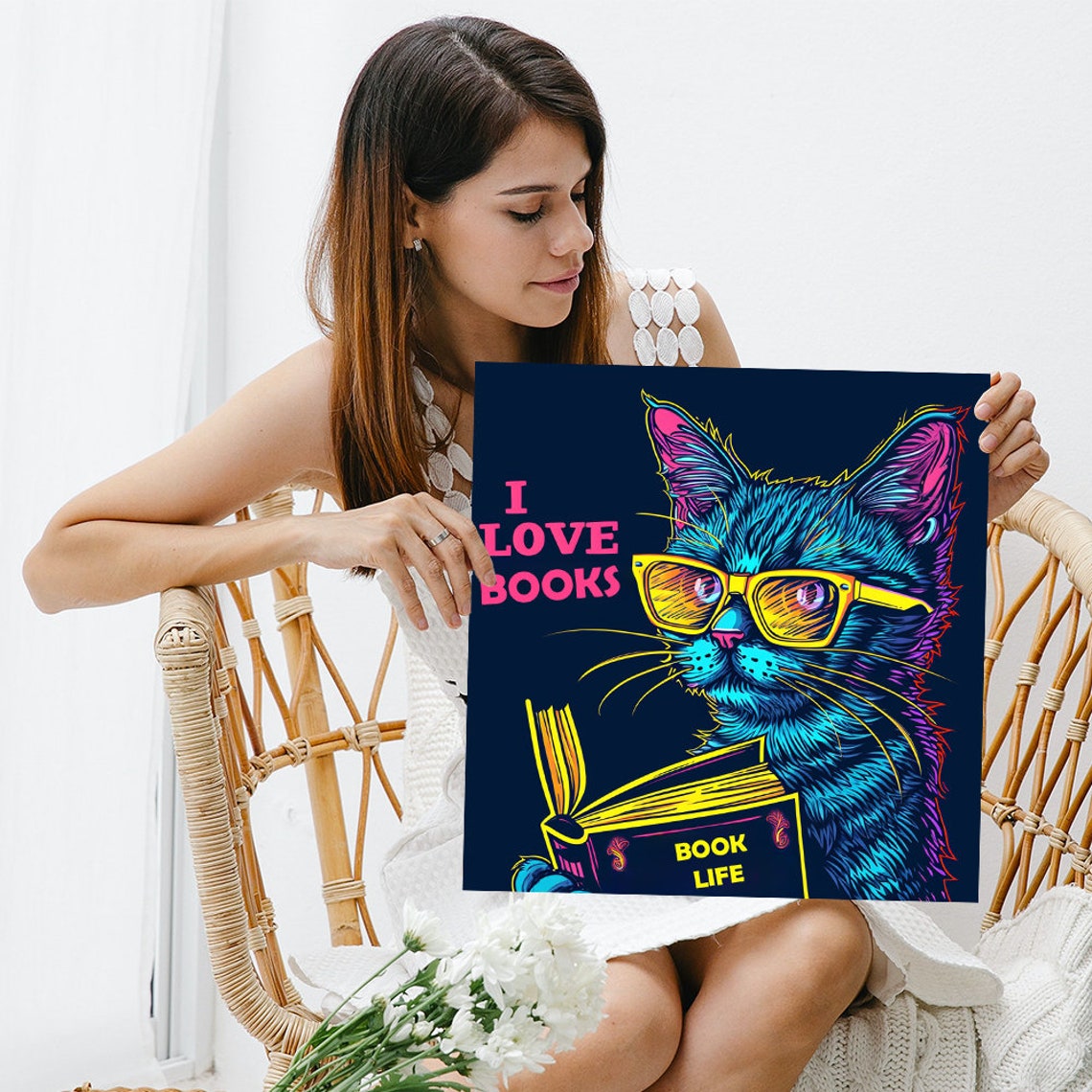 I Love Books Neon Cat Reading Glasses Library Wall Art Poster - Image 3