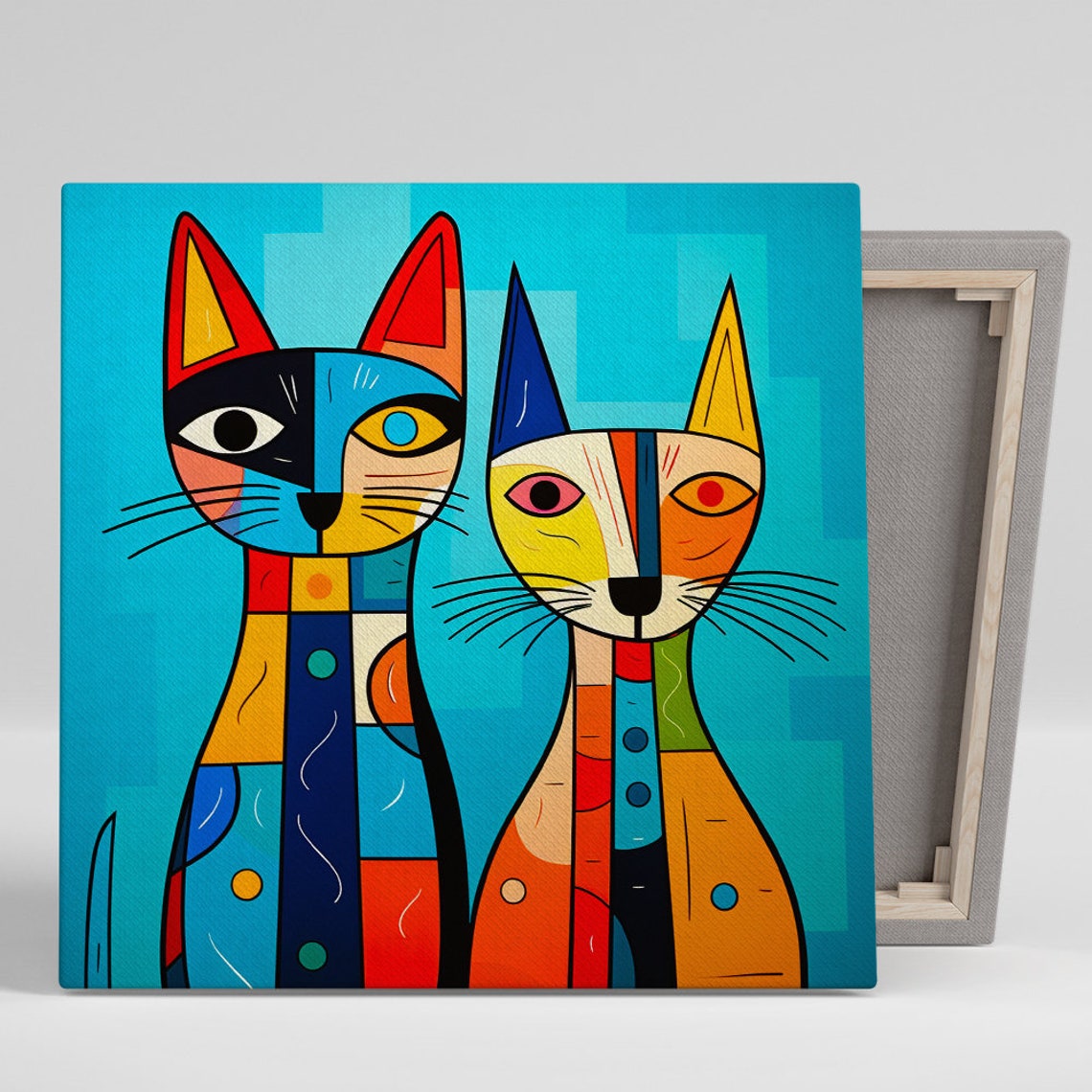 Cubist Cat Duo Colorful Geometric Cats Teal Background Pop Art Poster