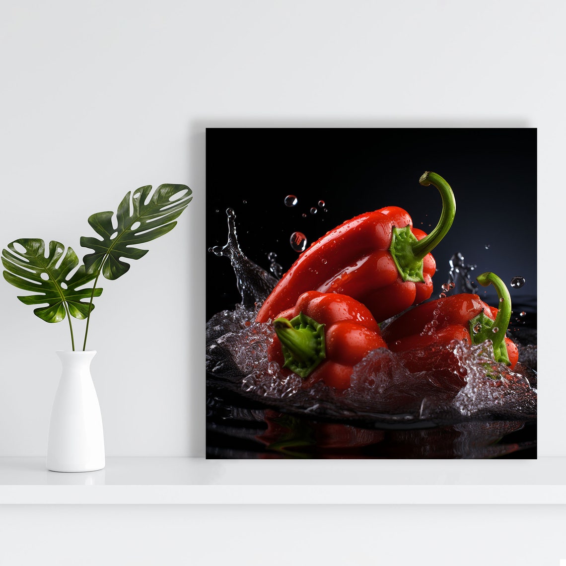 Red Bell Peppers Water Splash Dramatic Black Kitchen Food Poster - Image 2