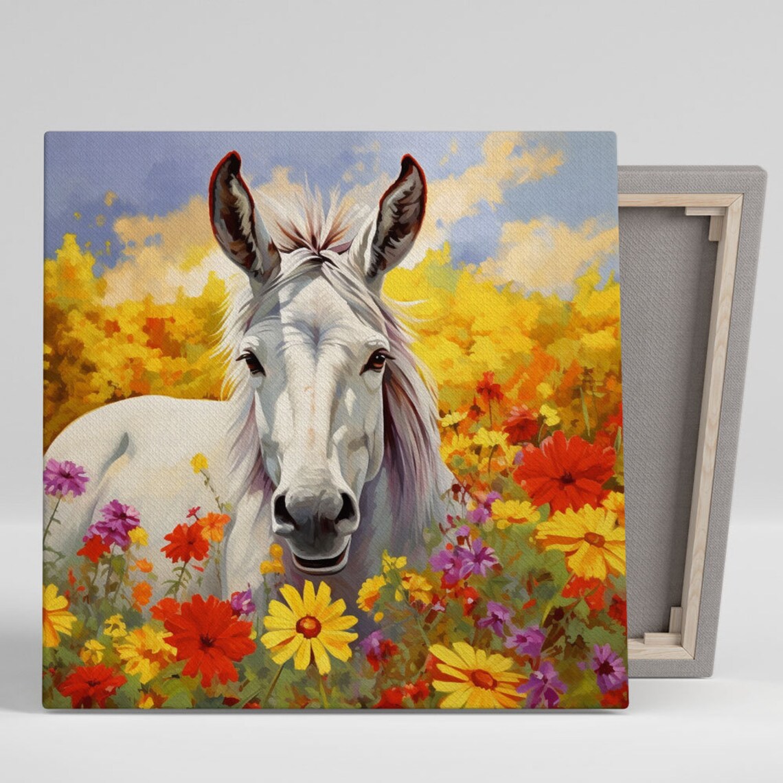 White Donkey In Wildflower Field Sunny Farmhouse Animal Canvas Poster