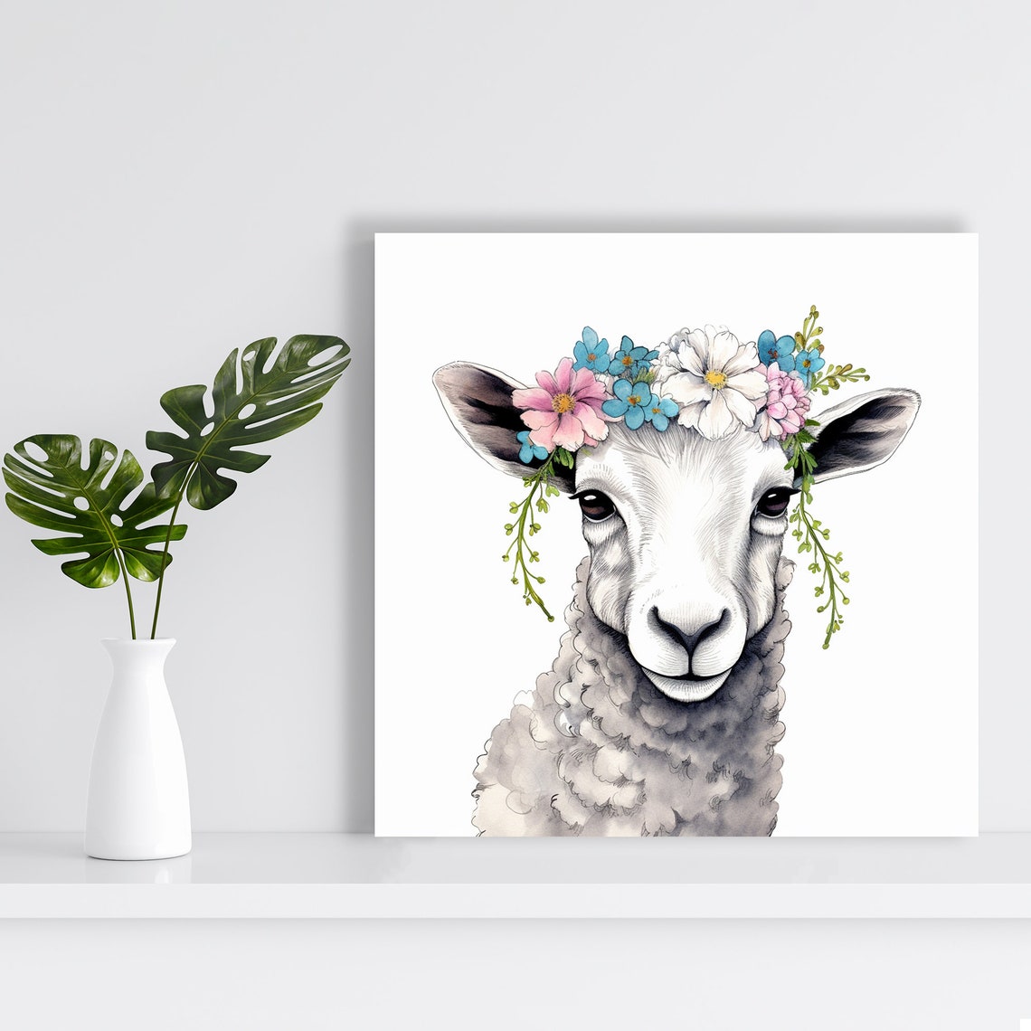 Sweet Lamb With Floral Crown in Soft Watercolor Style Poster - Image 2