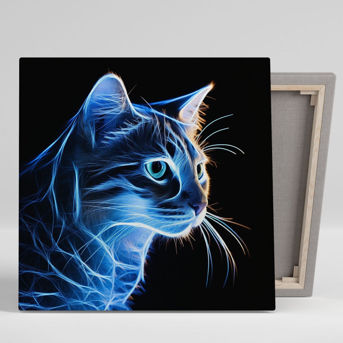Neon Blue Fractal Cat Profile Black Background Modern Animal Poster