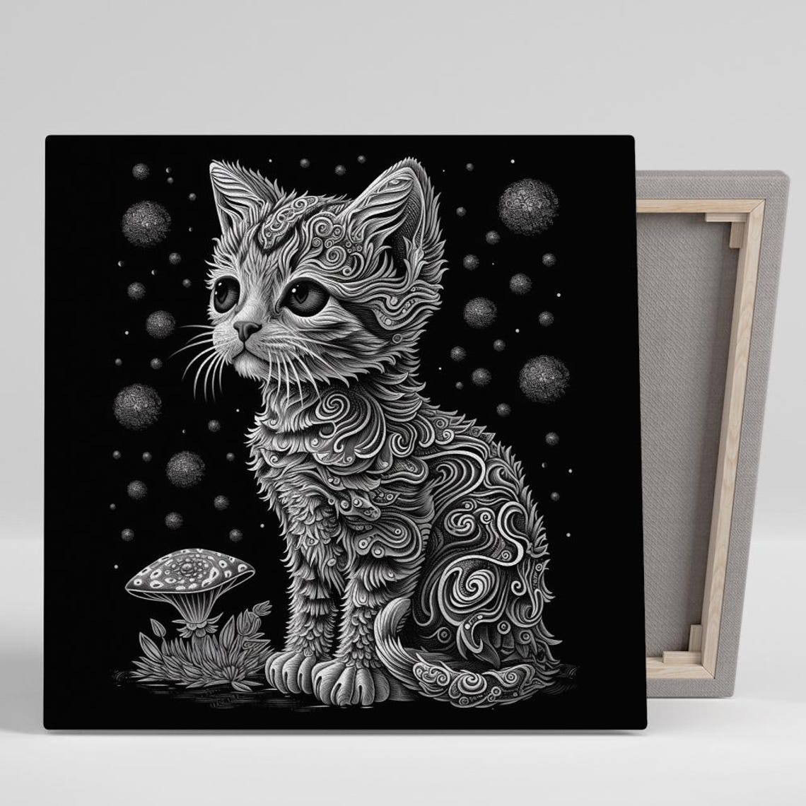Cosmic Kitten Zentangle Art Black White Swirl Pattern Wall Poster