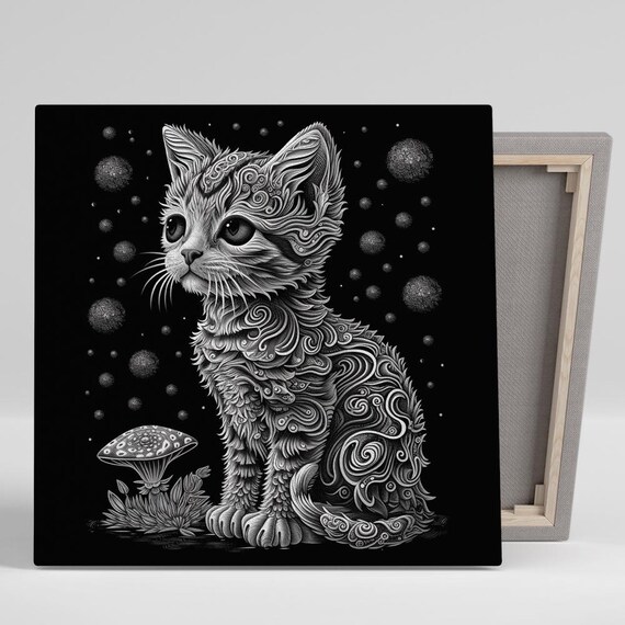 Cosmic Kitten Zentangle Art Black White Swirl Pattern Wall Poster