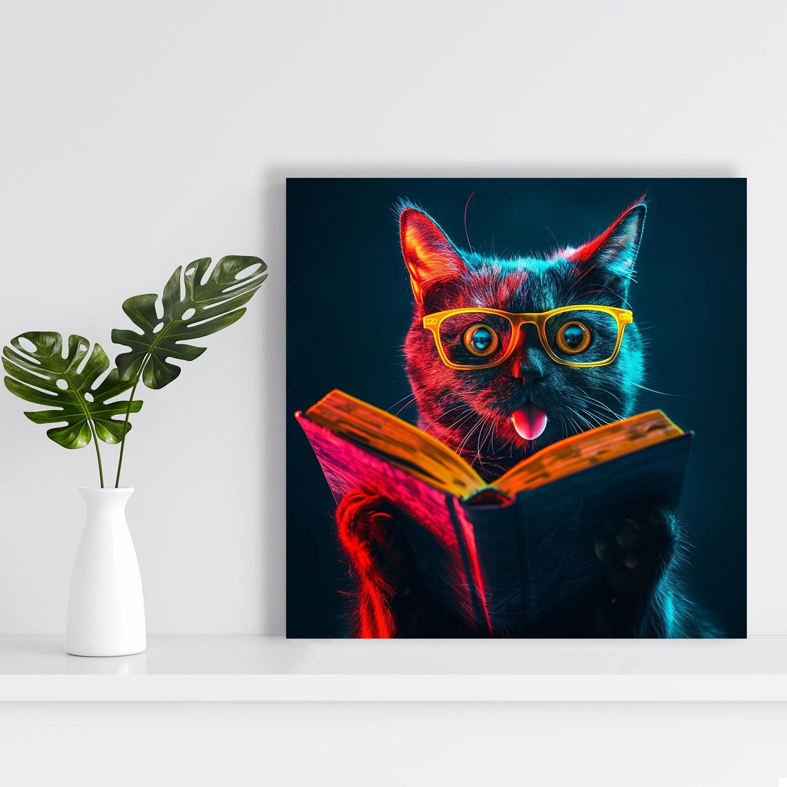 Neon Black Cat with Yellow Glasses Reading Book Pop Style Poster - Image 2
