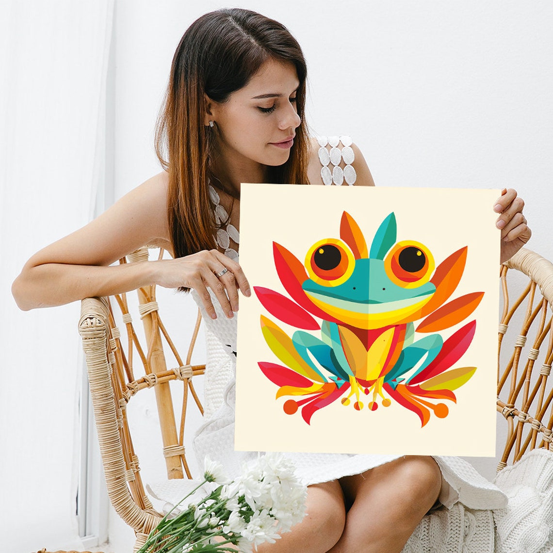 Tree Frog Face Big Eyes Red Orange Teal Whimsical Nature Art Poster - Image 3