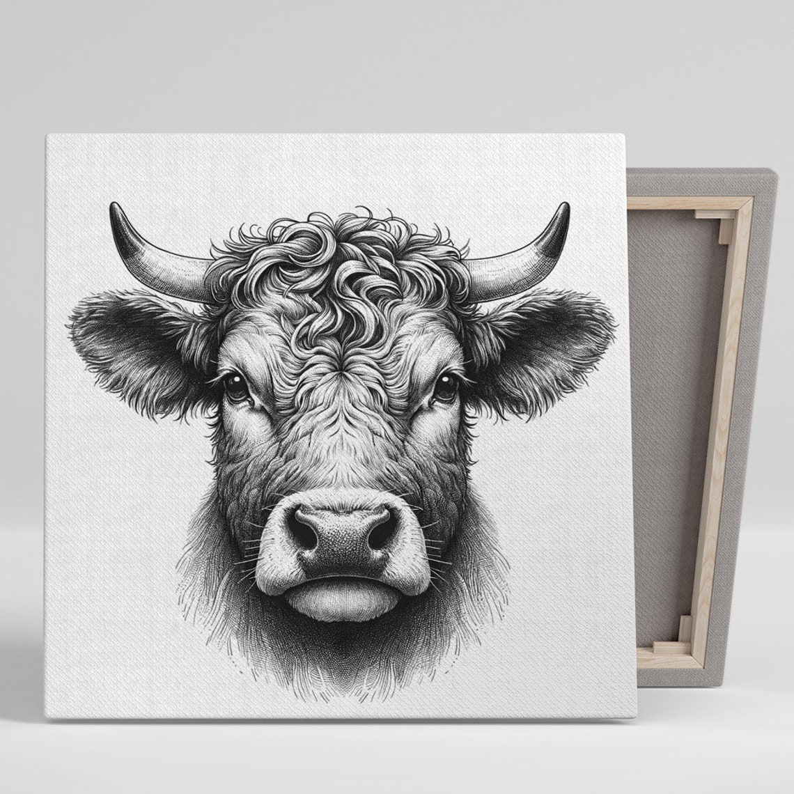 Highland Cow Face Detailed Black White Sketch Farmhouse Art Poster