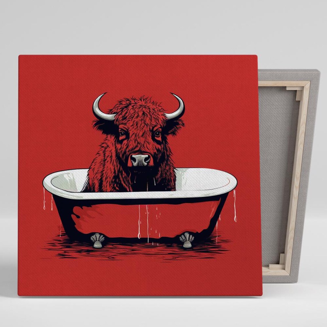 Highland Cow Relaxing in Clawfoot Tub Bold Red Funny Bathroom Poster