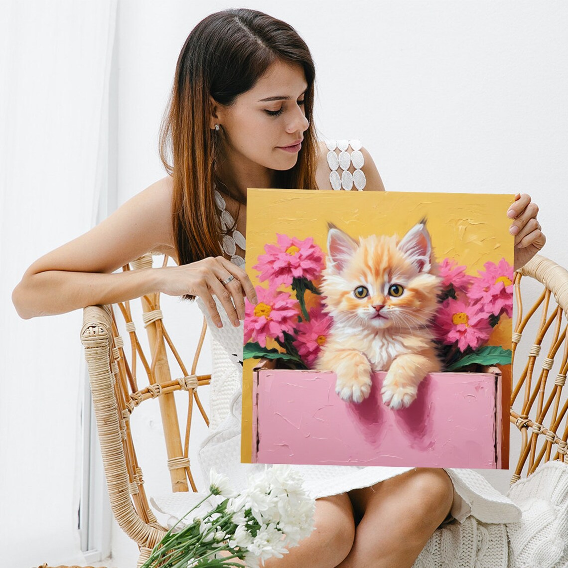 Fluffy Orange Kitten in Pink Box With Pink Flowers Cheerful Poster - Image 3