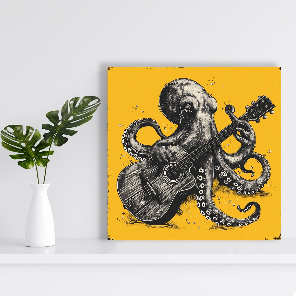 Octopus Playing Guitar Surreal Ink Art Mustard Yellow Wall Poster - Image 2