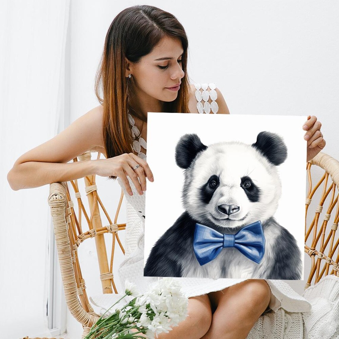 Dapper Panda Portrait Wearing Blue Bow Tie Clean White Background Art Poster - Image 3