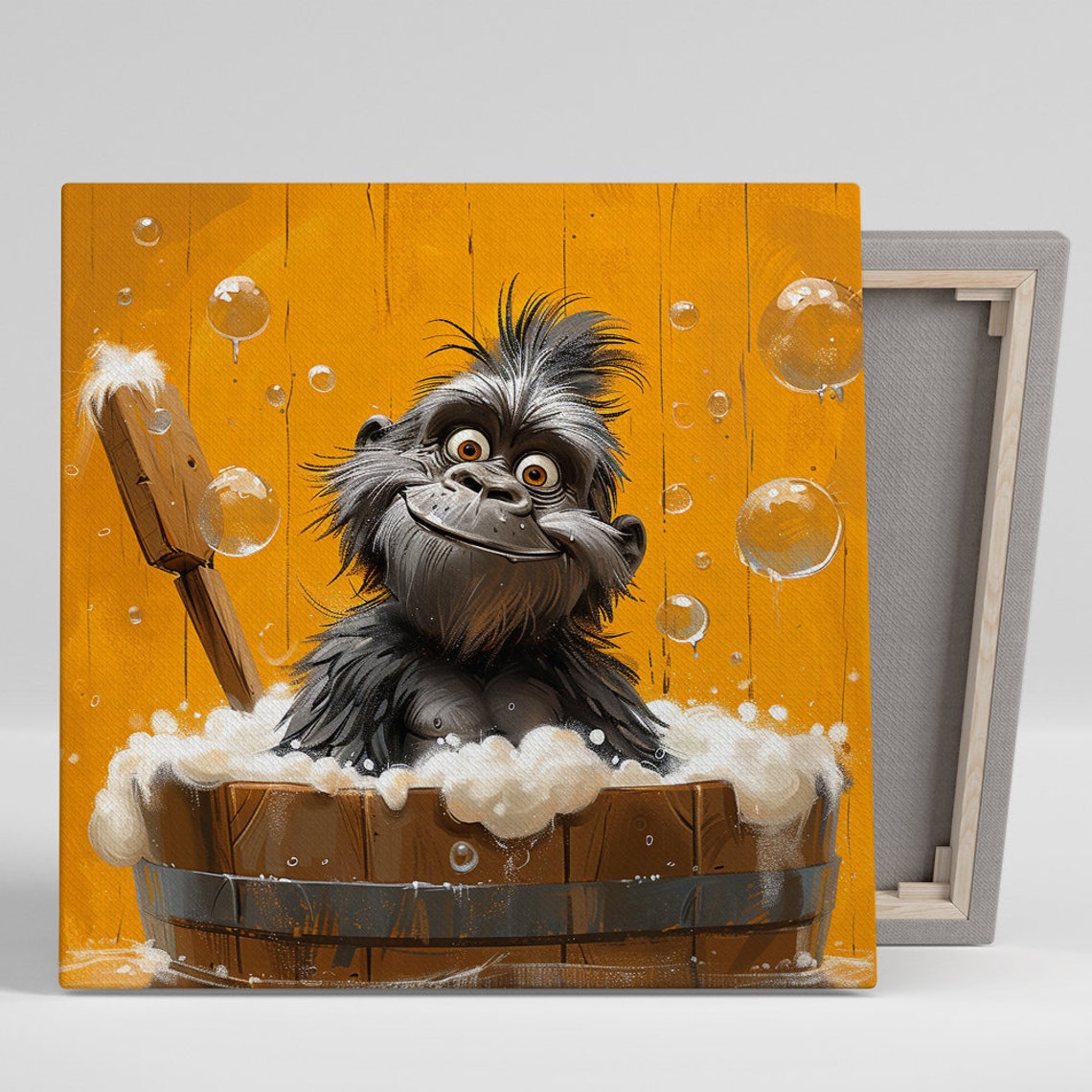 Gorilla Bath Time Cartoon Wooden Tub Bubbles Orange Wall Art