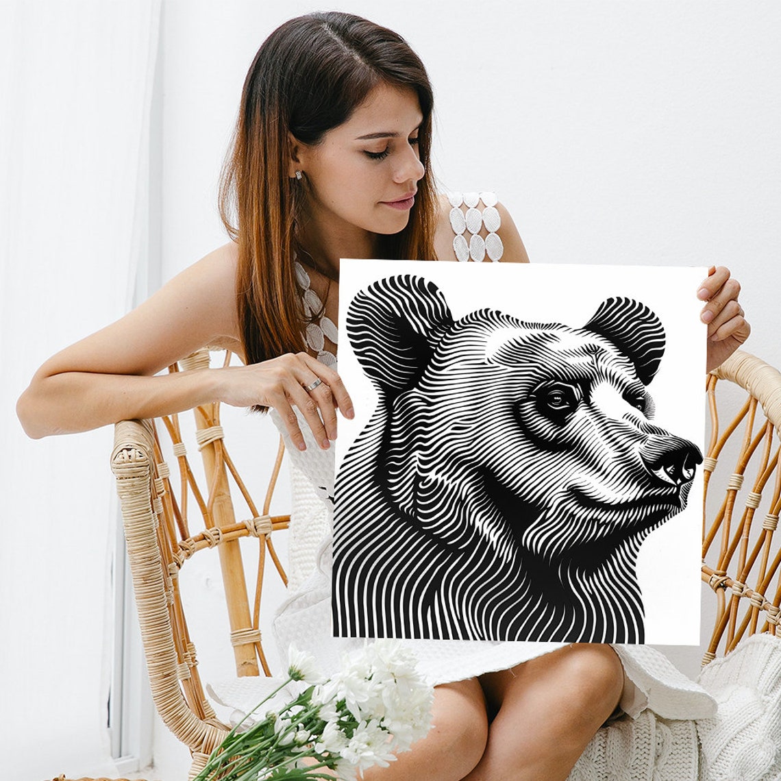 Black White Bear Head Wavy Line Art Minimalist Animal Wall Poster - Image 3