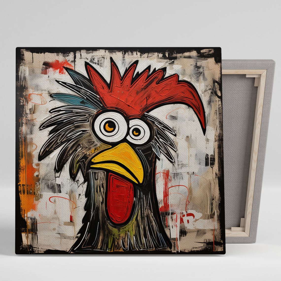 Funny Cartoon Rooster Big Eyes Graffiti Style Farmhouse Art Poster