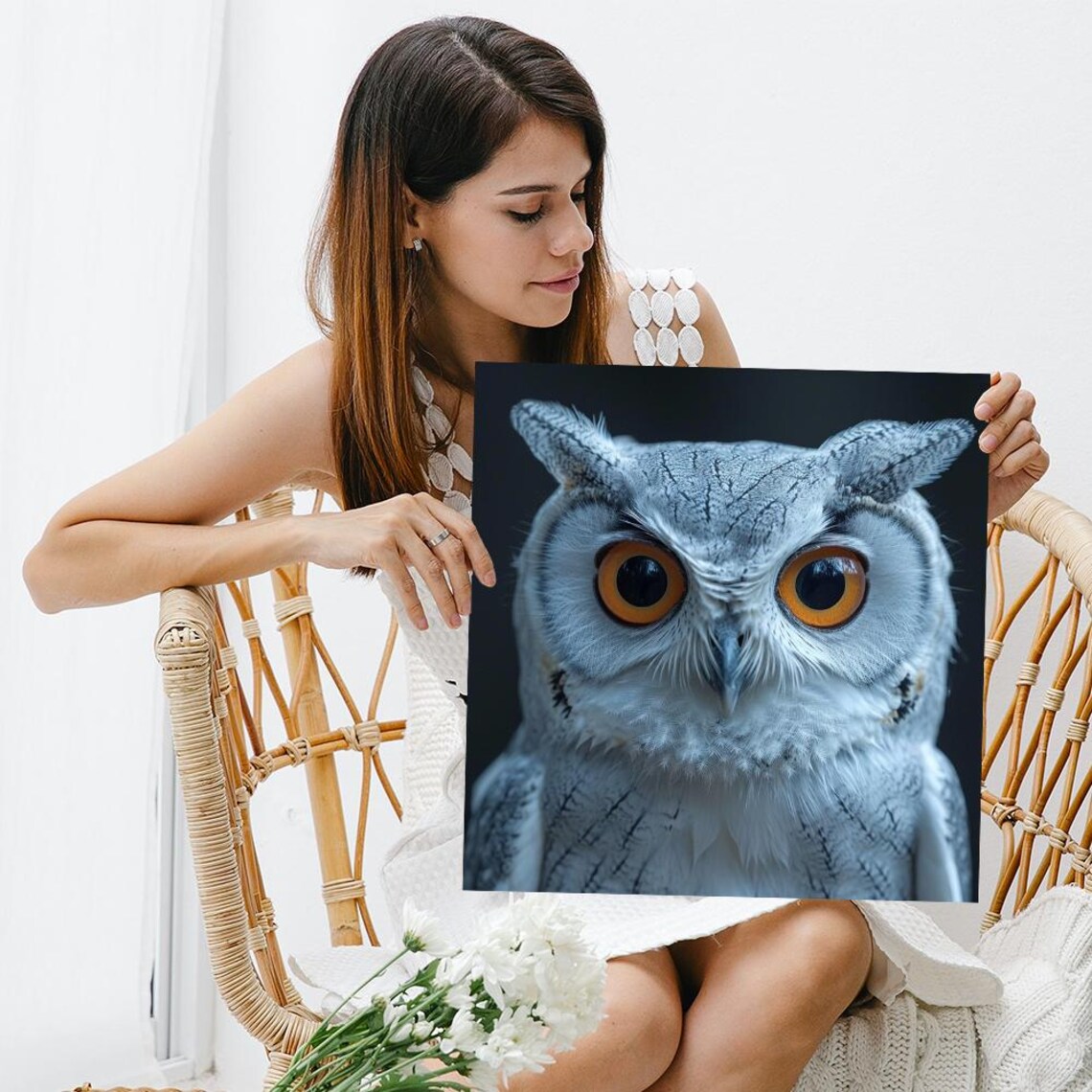 White Owl Piercing Orange Eyes Night Wildlife Close Up Photo Art Poster - Image 3