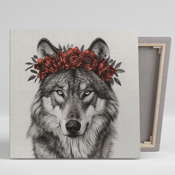 Wolf With Red Floral Crown Sketch Style Bohemian Nature Art Poster
