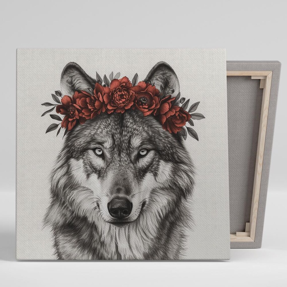 Wolf With Red Floral Crown Sketch Style Bohemian Nature Art Poster
