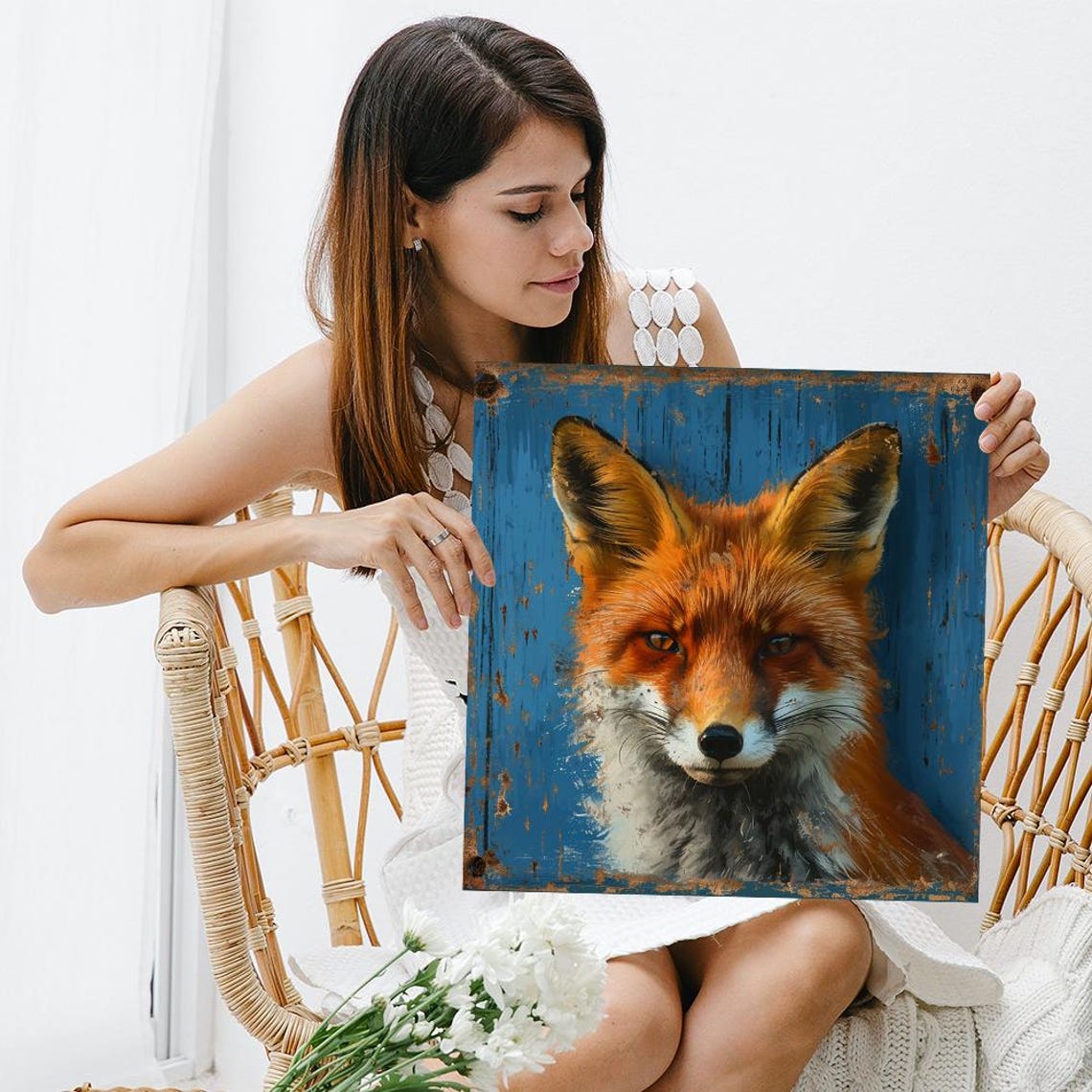 Red Fox Portrait On Distressed Blue Wood Rustic Nature Wall Poster - Image 3