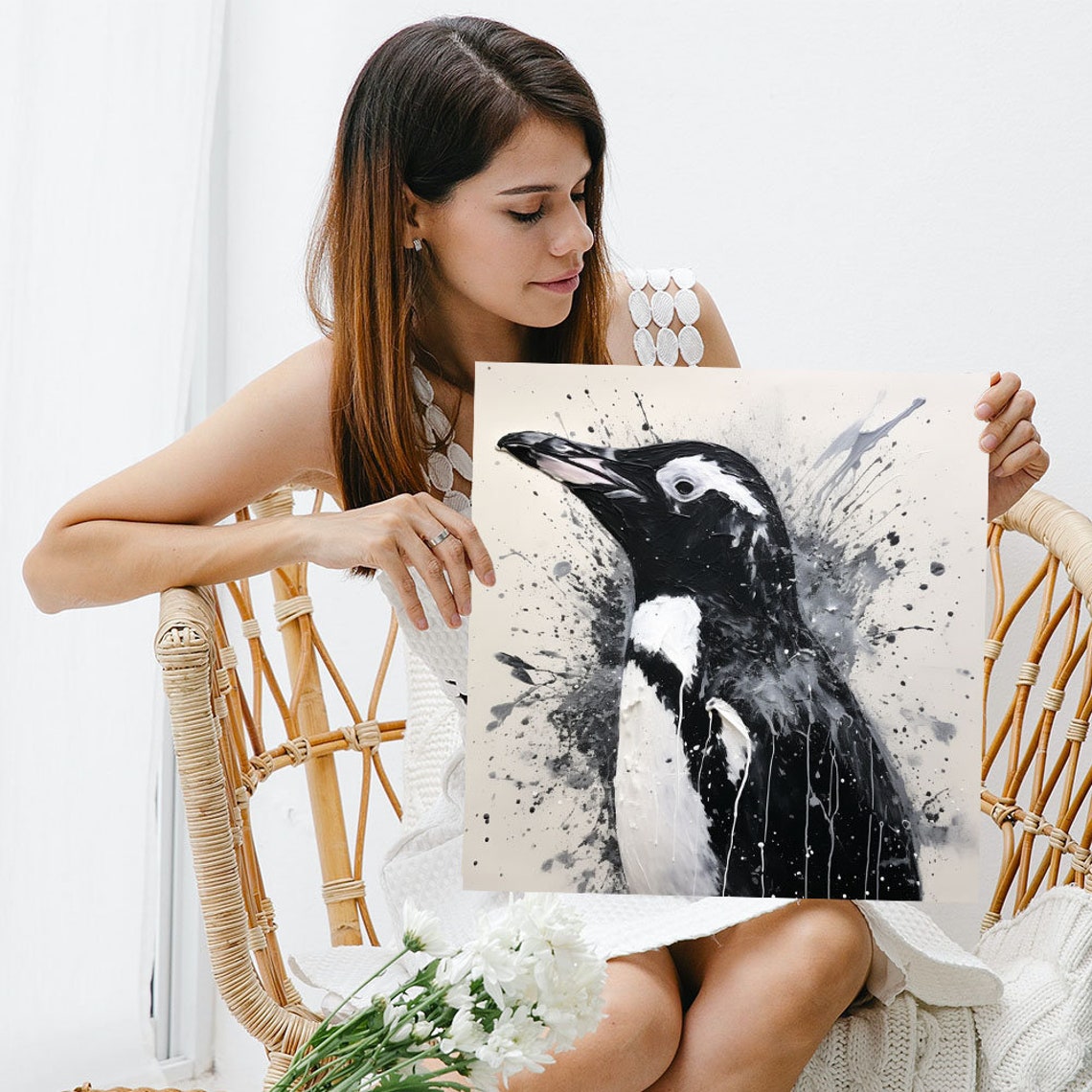 Penguin In Black And White Paint Splatter Modern Wildlife Art Poster - Image 3