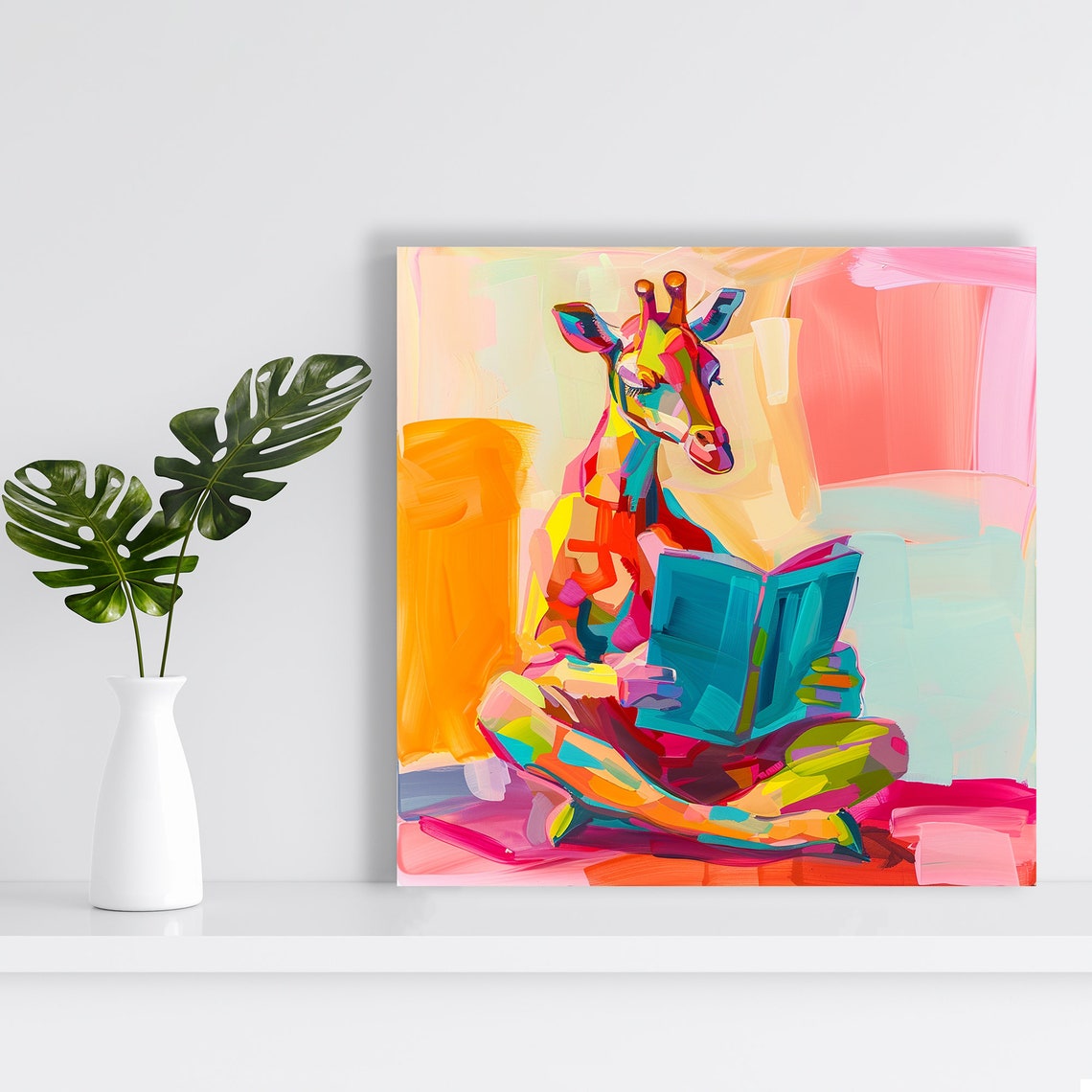 Rainbow Giraffe Reading Blue Book Colorful Vibrant Abstract Poster - Image 2