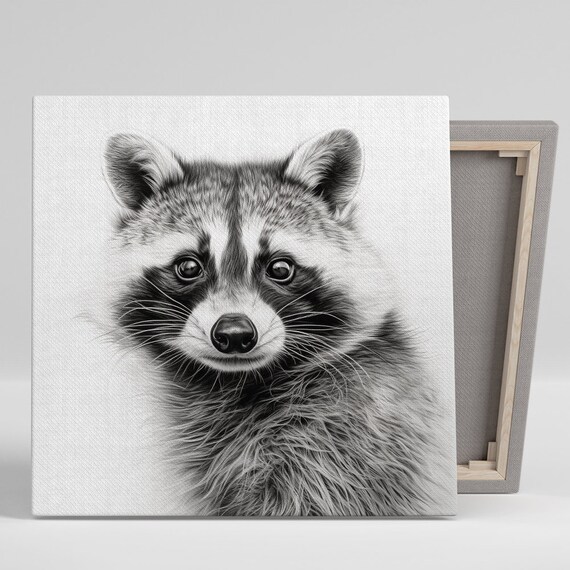 Whimsical Raccoon Minimalist Art Print, Black White