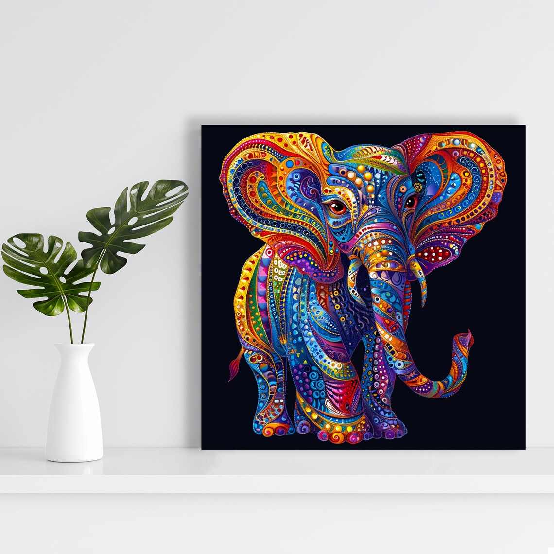 Kaleidoscopic Elephant Psychedelic Rainbow Patterns Black Background Print - Image 2