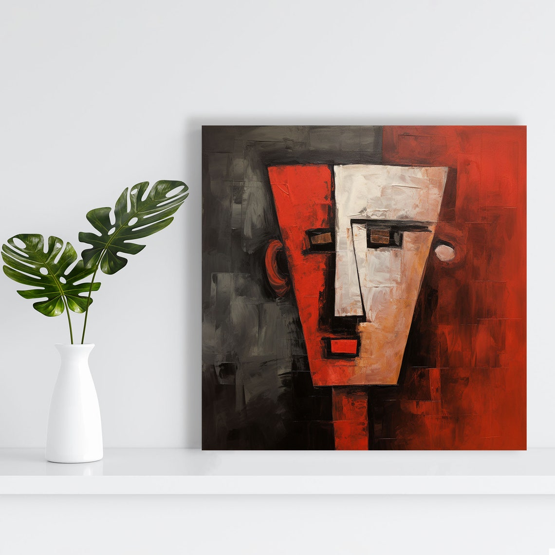 Geometric Mask Face Red White Split Cubist Abstract Modern Art Poster - Image 2