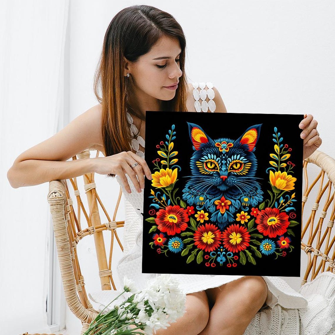Folk Floral Blue Cat Black Background Embroidered Style Animal Poster - Image 3