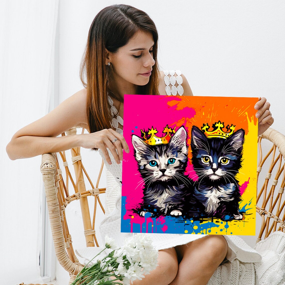 Royal Kittens With Crowns Pop Art Poster Neon Pink Graffiti Cat Wall Print - Image 3